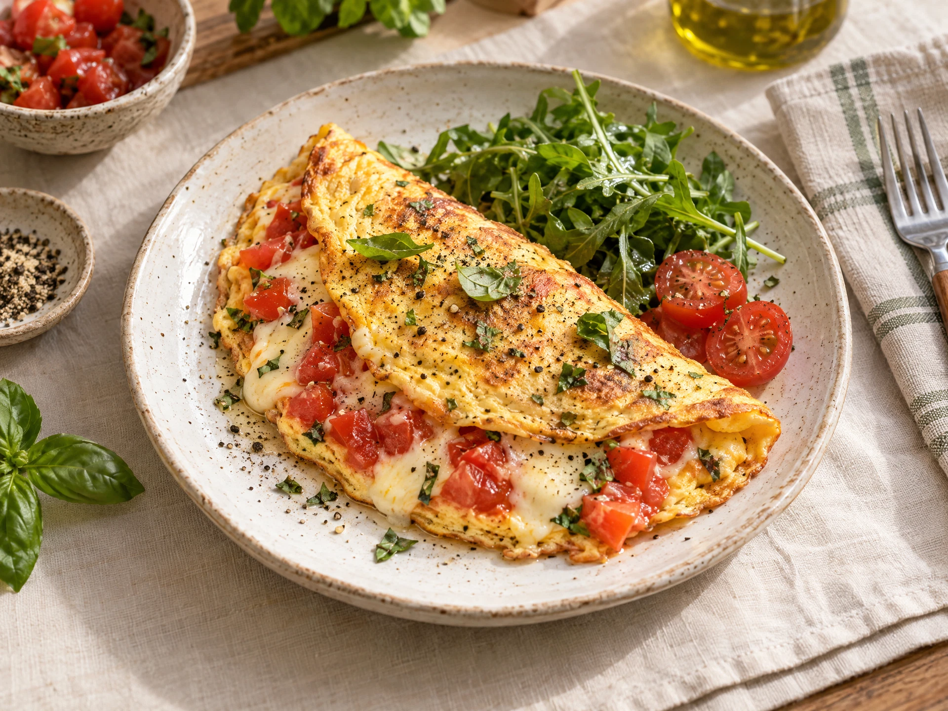 Tomato and cheese omelette served on a ceramic plate