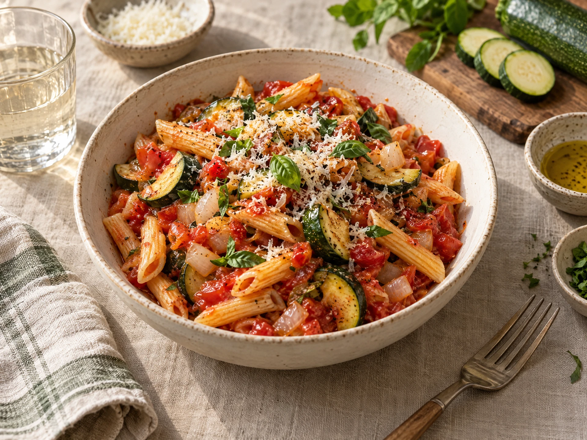 Vegetable pasta coated in tomato sauce and topped with herbs