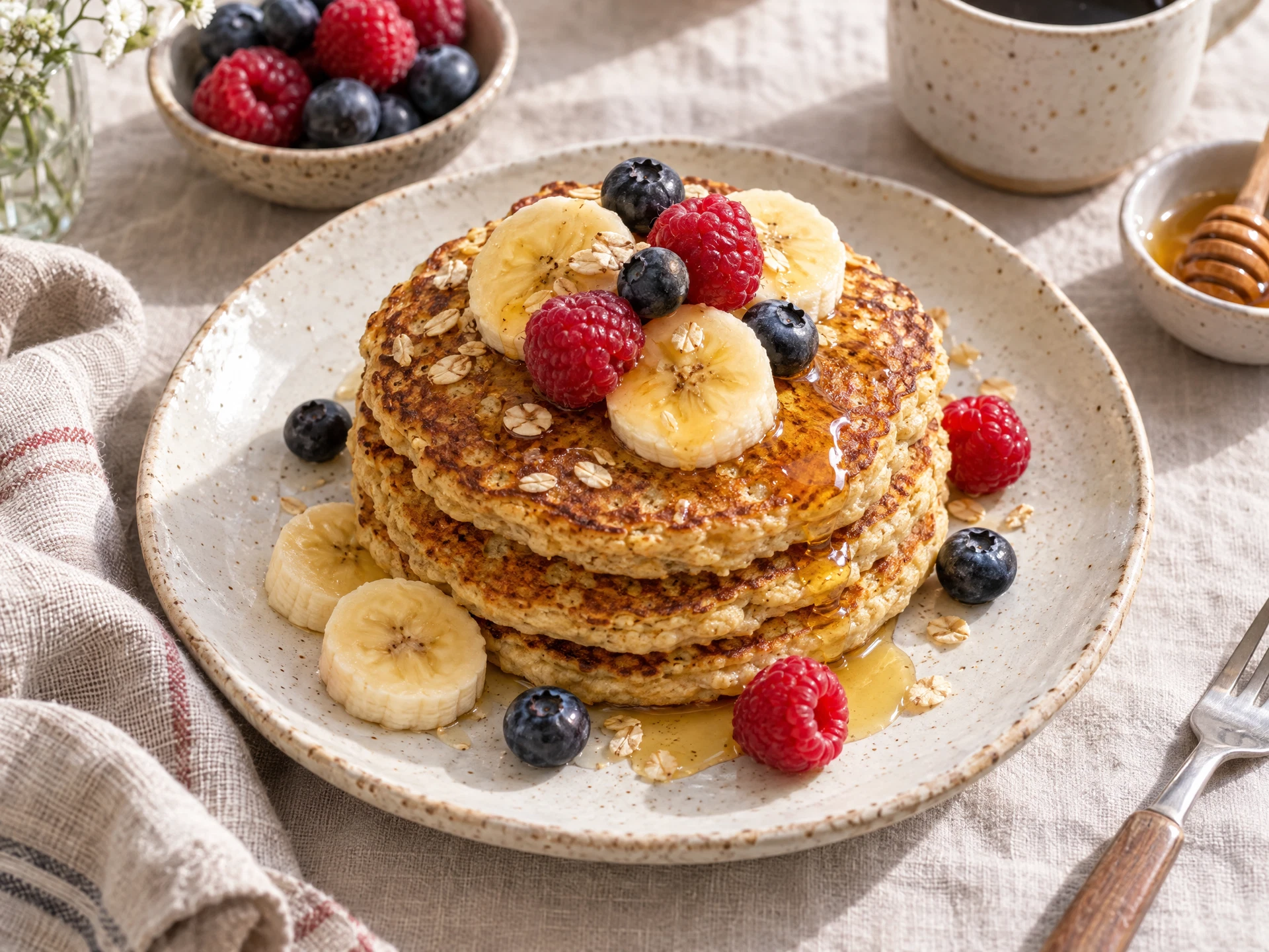Golden banana oat pancakes with fruit and a little honey